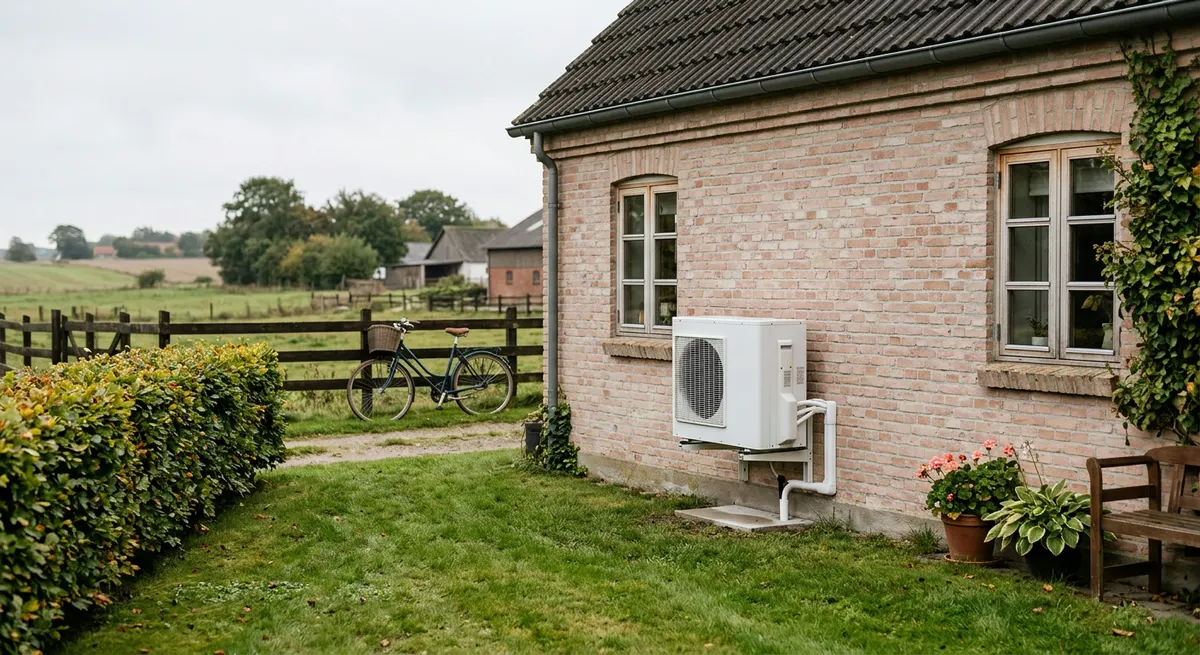 Varmepumpe på facaden af et gammelt murstenshus på landet med cykel og hegn i baggrunden